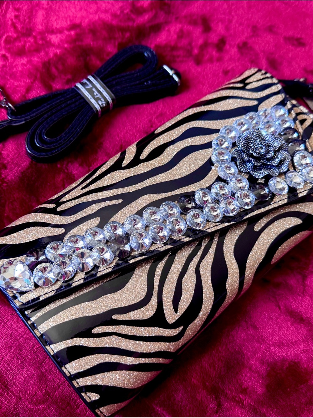 Crystal-Embellished Black and Gold Zebra Clutch